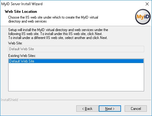 Installation select web site location screen